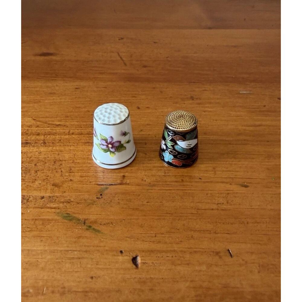 Vintage Thimble Set Porcelain Floral & Cloisonné Enamel Sewing Collectible Pair